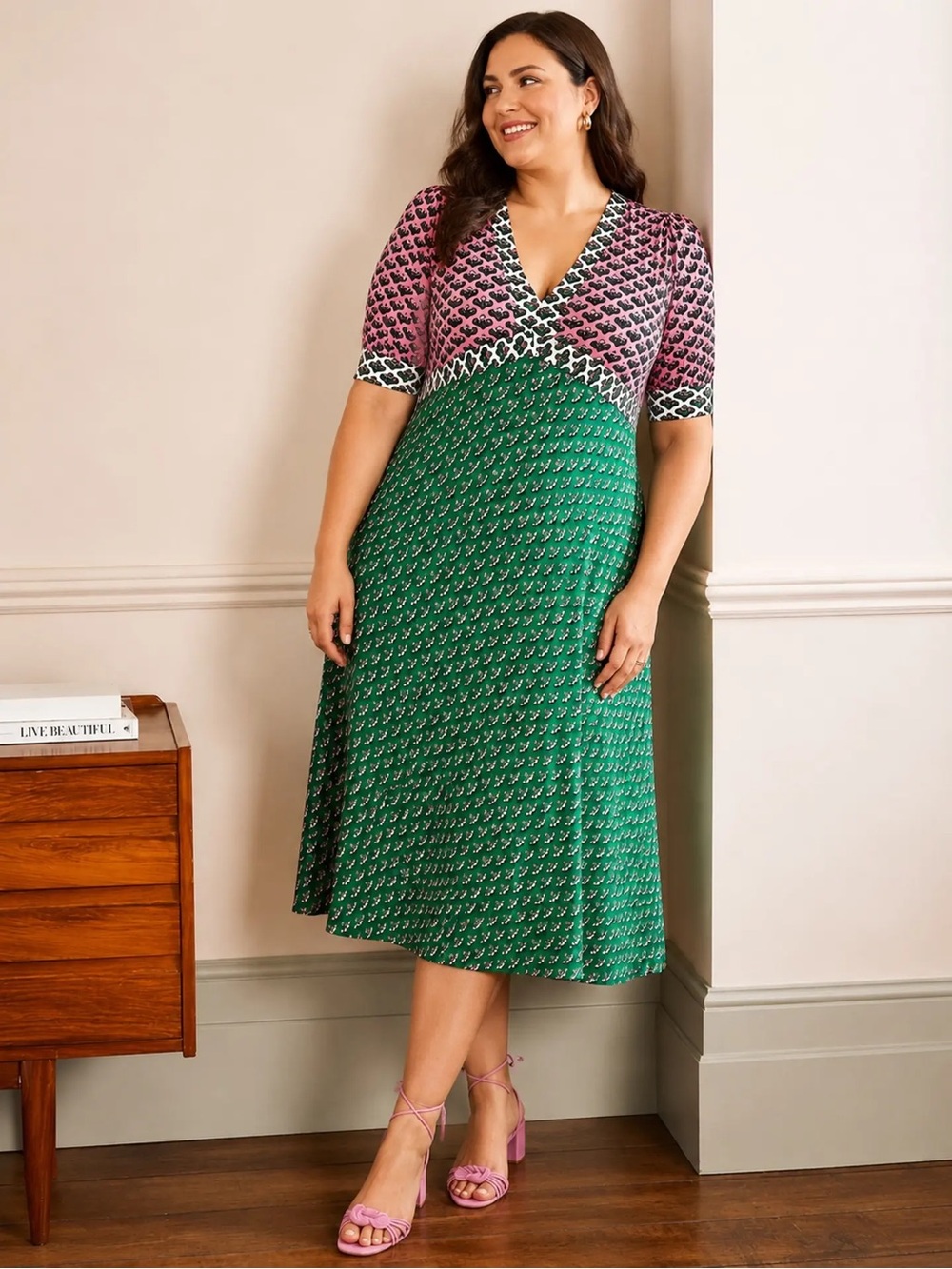 Boden Eva Green and Pink Printed V-Neck Midi Dress
